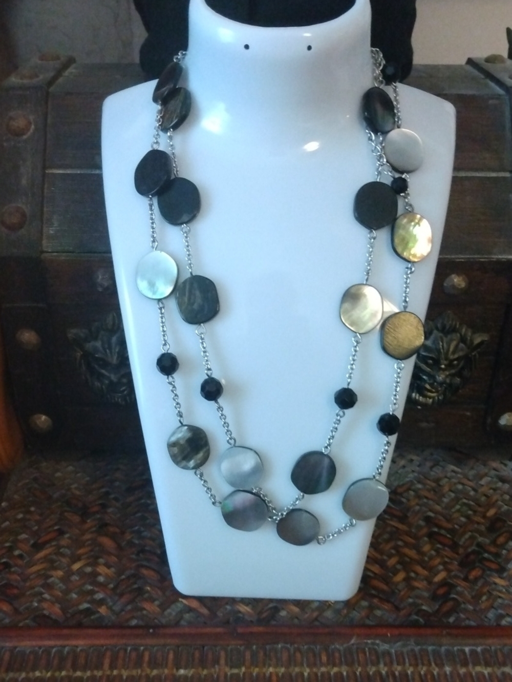 Lia Sophia Black and Iridescent Disc Long Necklace 22"